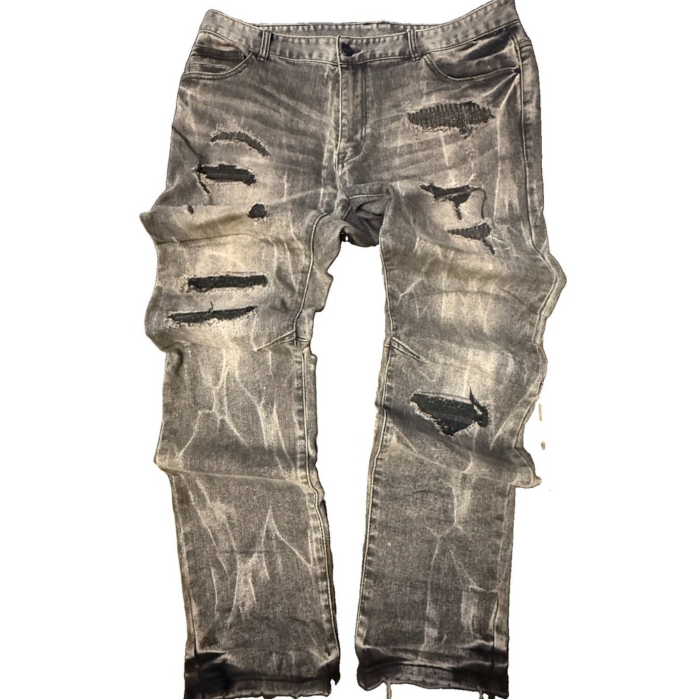 Smoke Rise Men's Jeans 36x32 Black Gray Acid Wash Distressed Moto Biker Stretch